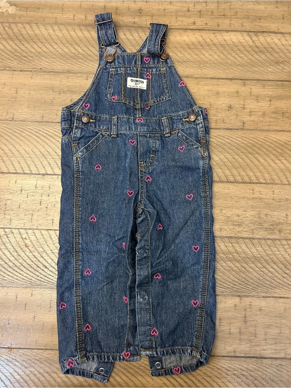 12-18M OshKosh B'gosh Girls' Blue Denim Overalls with Pink Heart Embroidery